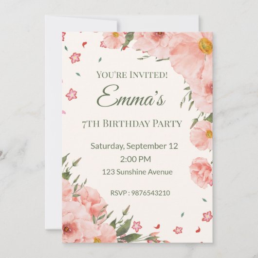 Invitation de anniversaire florale rose modifiable (Devant)