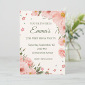 Invitation de anniversaire florale rose modifiable (Debout devant)