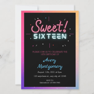 Invitation de anniversaire néon lumineux 16 ans