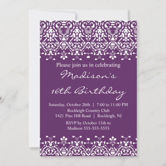 Invitation de anniversaire tendance damas seize an (Devant)