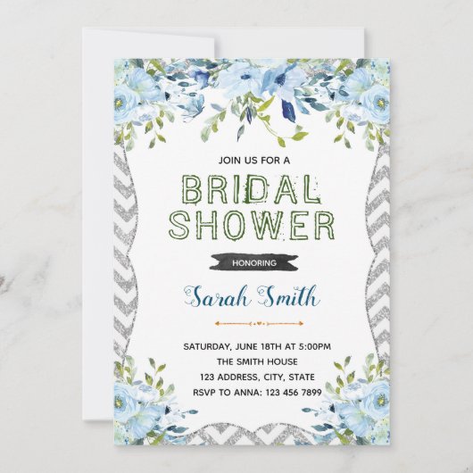 Invitation de babille de mariage argent et bleu (Devant)