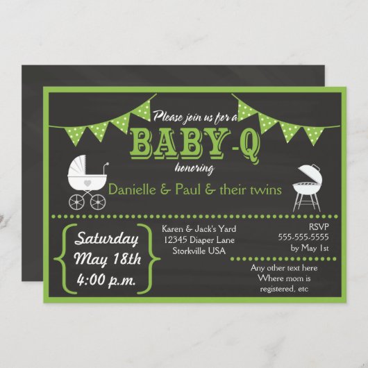 Invitation de Baby-Q Chalkboard Green à la baby sh (Devant / Derrière)
