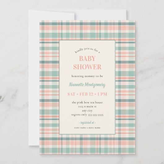 Invitation de baby shower à carreaux pastel (Devant)