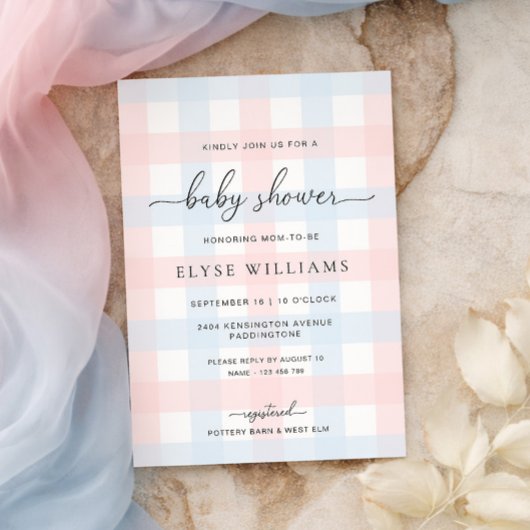 Invitation de baby shower à carreaux rose et bleu