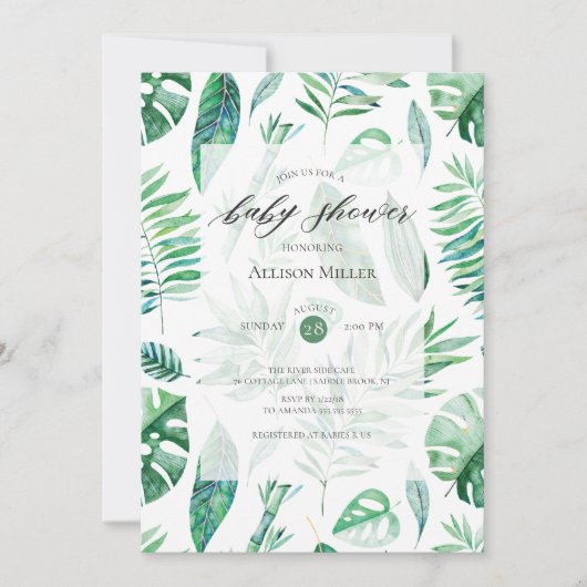 Invitation de Baby Shower à la verdure feuillue tr (Devant)