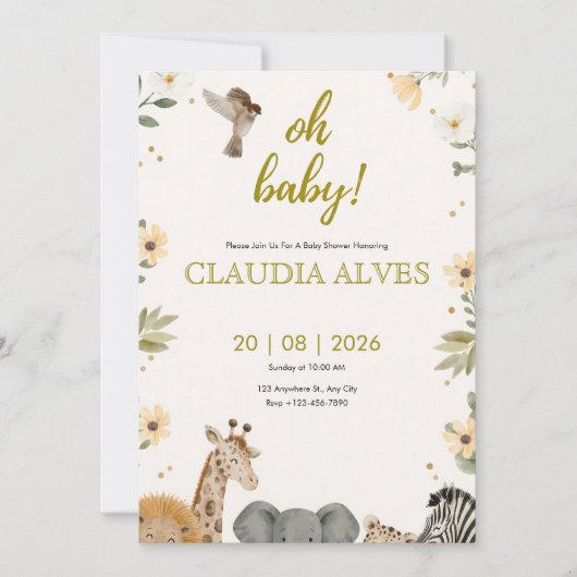 Invitation de Baby Shower à l'aquarelle Safari Jun (Devant)