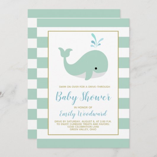 Invitation de Baby shower à Mint Green Whale (Devant / Derrière)
