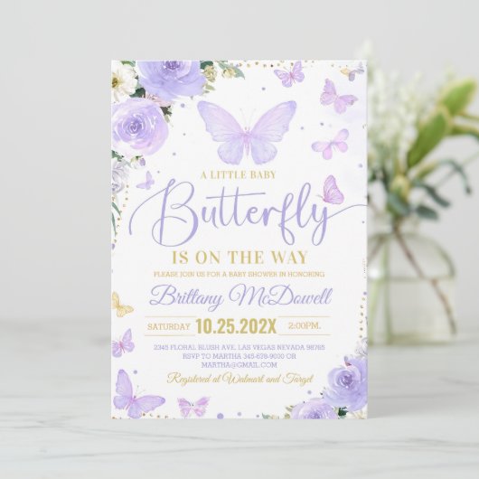 Invitation de Baby shower à papillon violet modifi (Debout devant)