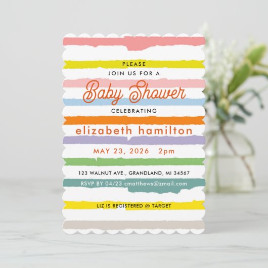 Invitation de baby shower à rayures colorées (Debout devant)