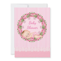 Invitation de Baby shower à rayures roses avec cou