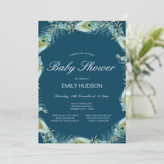 Invitation de baby shower à thème paon éditable (Debout devant)