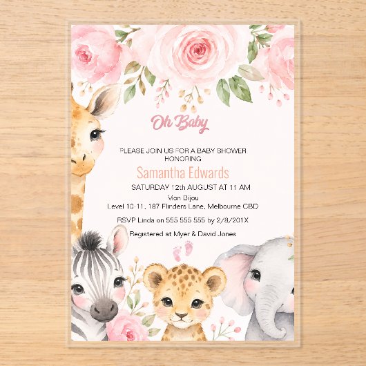 Invitation de Baby Shower Animaux de Safari Floral (Recto)