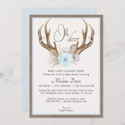 Invitation de Baby shower Antler à l'aquarelle ble (Devant / Derrière)