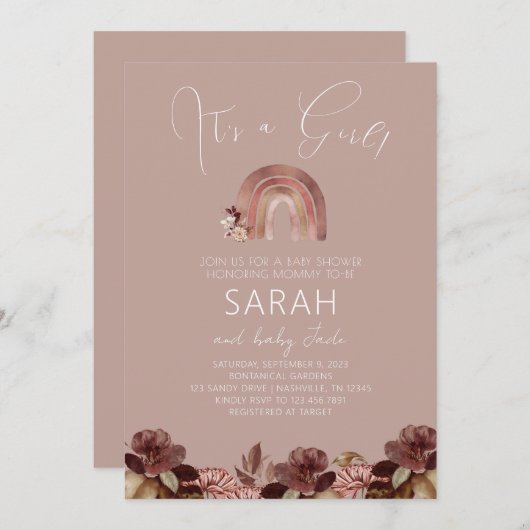 Invitation de baby shower aquarelle arc-en-ciel bo (Devant / Derrière)