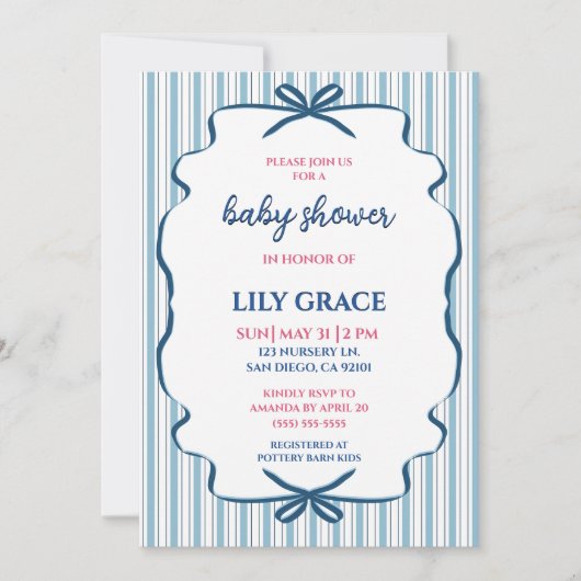Invitation de baby shower au ruban rayé charmant (Devant)