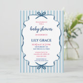Invitation de baby shower au ruban rayé charmant (Debout devant)