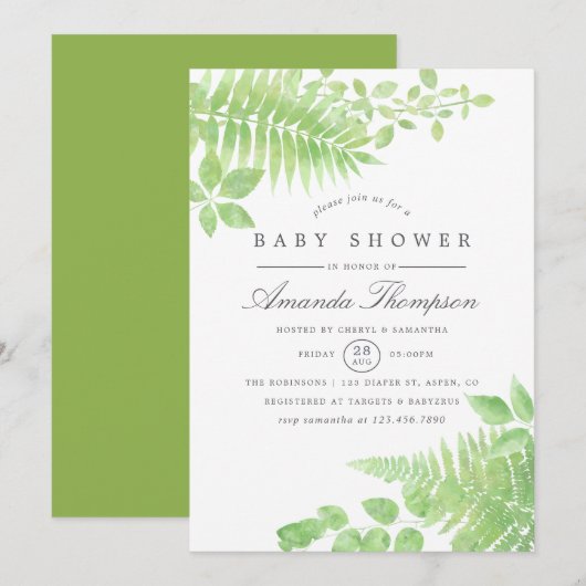 Invitation de baby shower au thème de verdure à l' (Devant / Derrière)