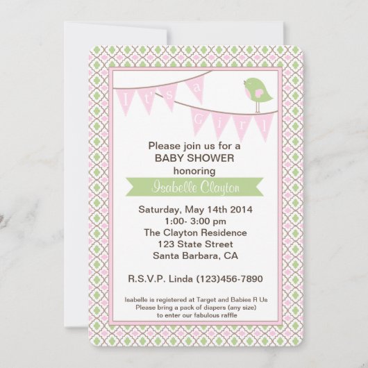 Invitation de baby shower avec la bannière rose (Devant)