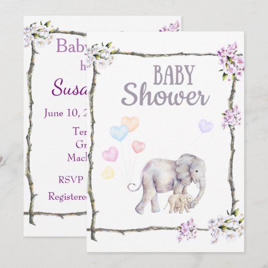 Invitation de baby shower avec l'éléphant de bébé (Devant / Derrière)