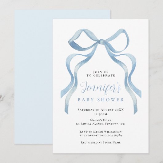 Invitation de baby shower avec un joli nœud bleu (Devant / Derrière)