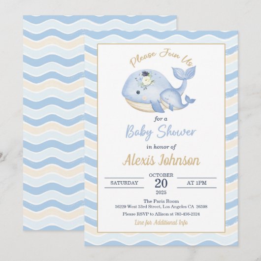 Invitation de Baby Shower Baleine Fond Ondulé (Devant / Derrière)