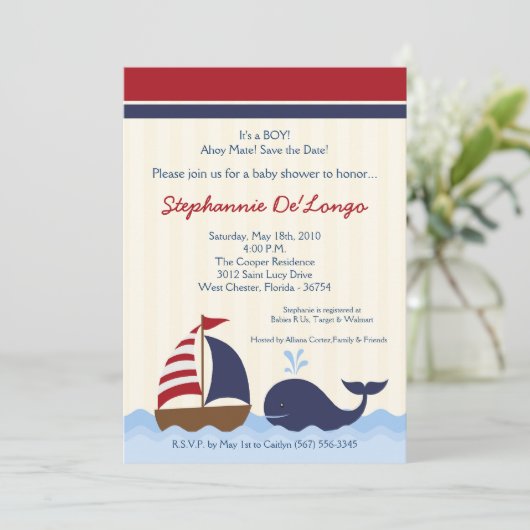 Invitation de Baby Shower Bateau Baleine Naútico A (Debout devant)