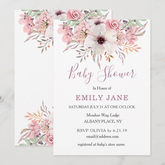 Invitation de baby shower bébé fleurs aquarelle ro (Devant / Derrière)