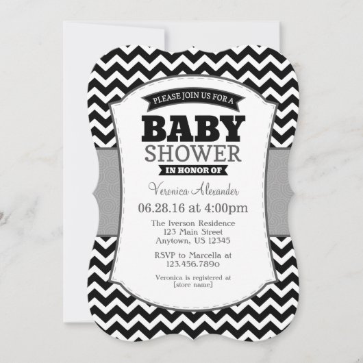 Invitation de Baby shower Black Grey Chevron (Devant)