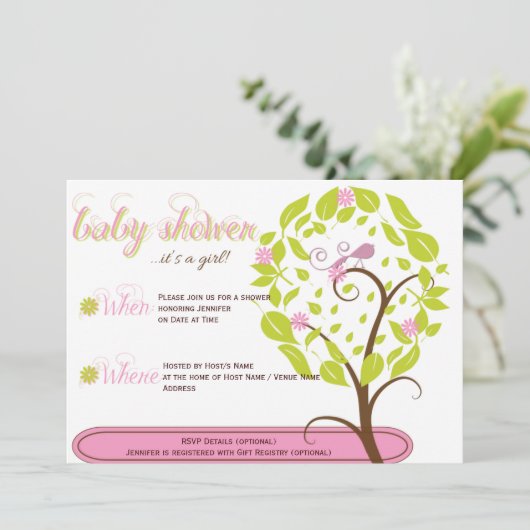 Invitation de Baby shower blanc rose et vert (Debout devant)