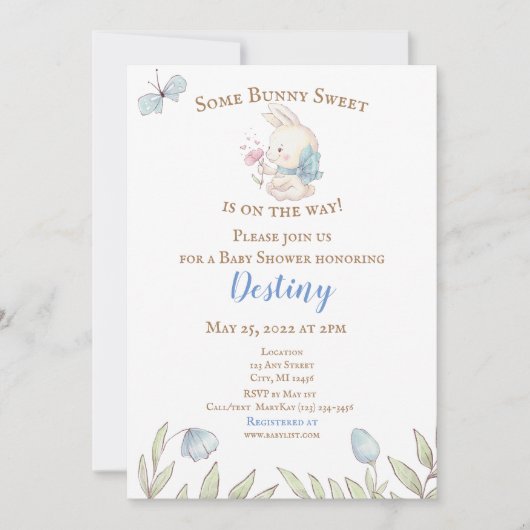 Invitation De Baby shower Bleu Bunny (Devant)