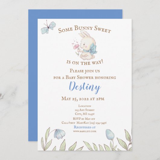 Invitation De Baby shower Bleu Bunny (Devant / Derrière)