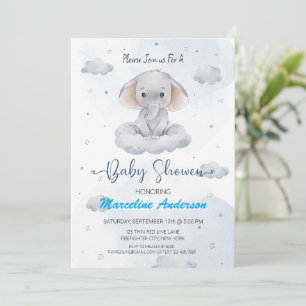 Invitation de Baby shower bleu d'éléphant nuage