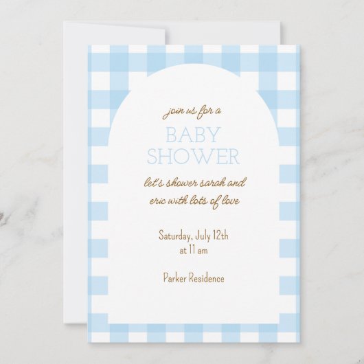 Invitation de Baby shower bleu En vichy simple (Devant)