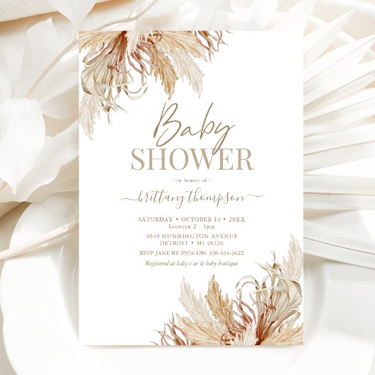 Invitation de Baby Shower Bohème avec Herbe de Pam