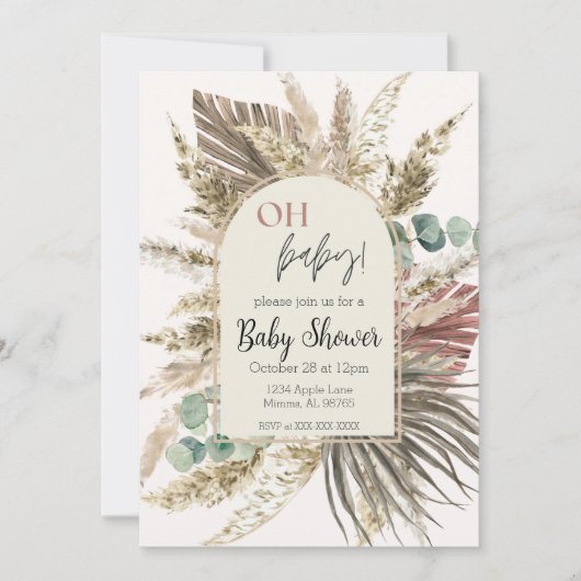 Invitation de Baby Shower Bohème Herbe de Pampa | (Devant)