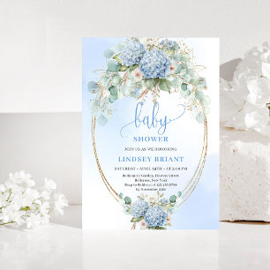 Invitation de Baby Shower Boho Bleu Hydrangea Or