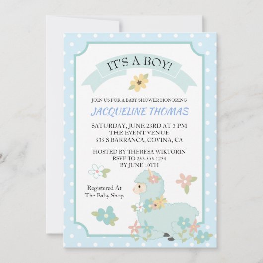 Invitation de Baby shower Boy Llama (Devant)