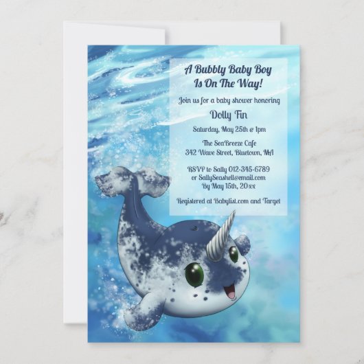Invitation de Baby shower Bubbly Narwhal (Devant)