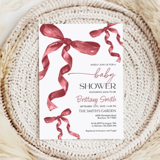 Invitation de baby shower Burgundy Bow