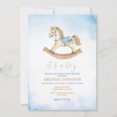 Invitation de Baby Shower Cheval à Bascule Bleu (Devant)