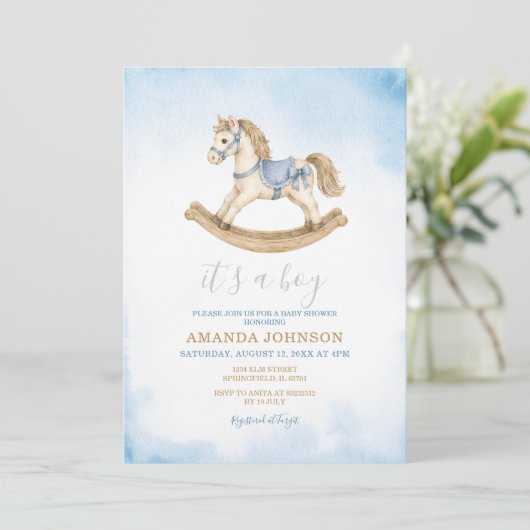 Invitation de Baby Shower Cheval à Bascule Bleu (Debout devant)