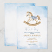 Invitation de Baby Shower Cheval à Bascule Bleu (Devant / Derrière)