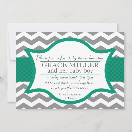 invitation de Baby shower Chevron. Gray and Jade (Devant)