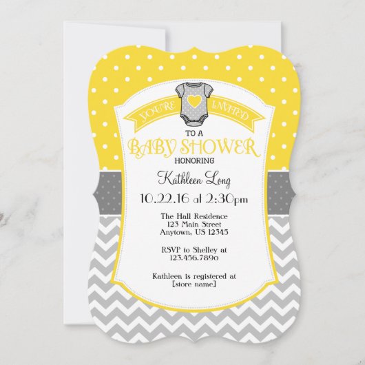Invitation de Baby shower Chevron Gray Jaune Polka (Devant)