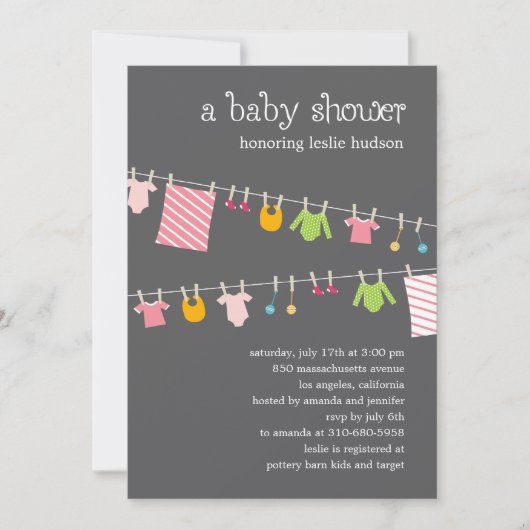 Invitation de Baby shower Chic Clothesline (Fille) (Devant)