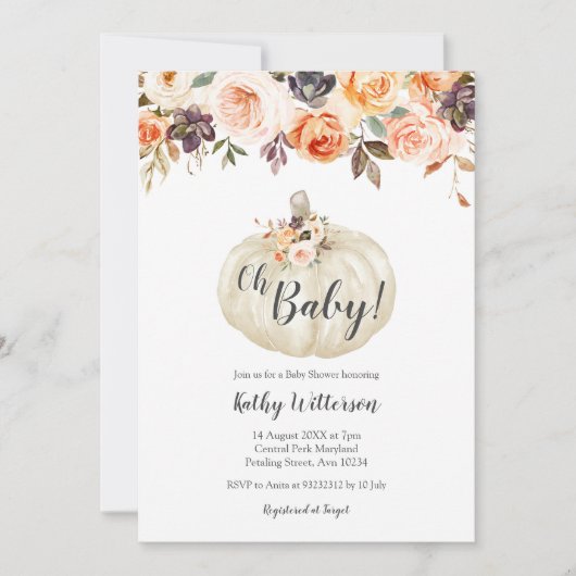 Invitation de Baby shower Citrouille Floral Blanc (Devant)