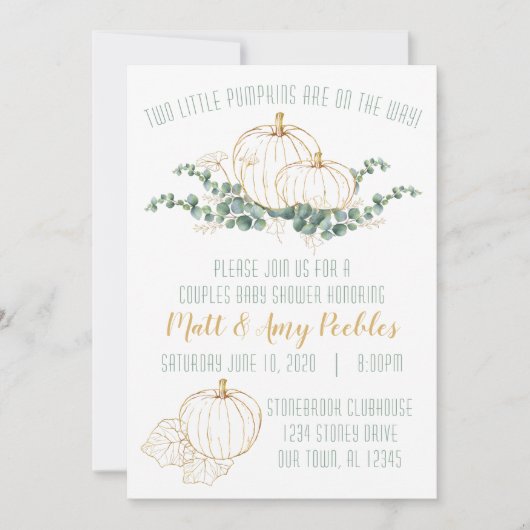 Invitation de Baby shower Citrouille Gold TWIN (Devant)