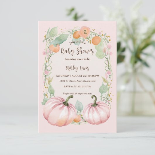 Invitation de Baby shower Citrouille rose automne (Debout devant)