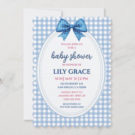 Invitation de baby shower classique à carreaux ble (Devant)