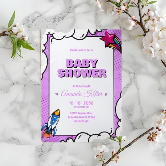 Invitation de Baby shower comique violet